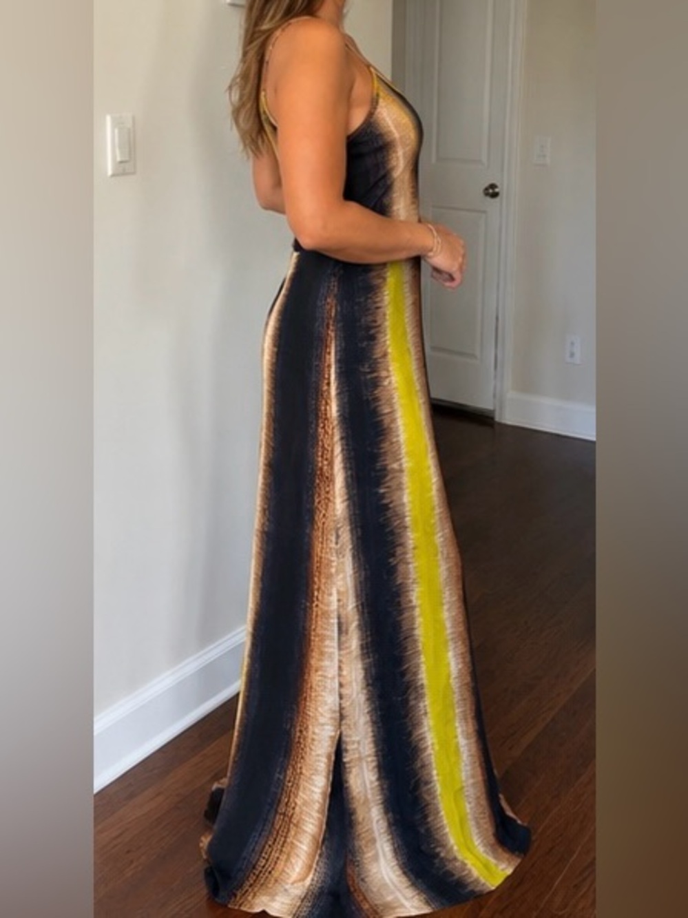 Sleeveless Striped Maxi Dress in Brown and Yellow with Low Cut Back - Picture 2 of 3